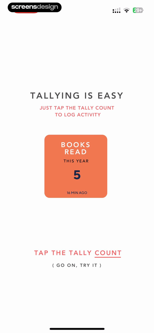 Tally onboarding tutorial inviting the user to tap a count and log activity