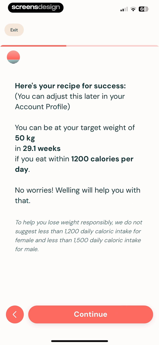 Welling onboarding screen explaining a personalized calorie plan and target timeline