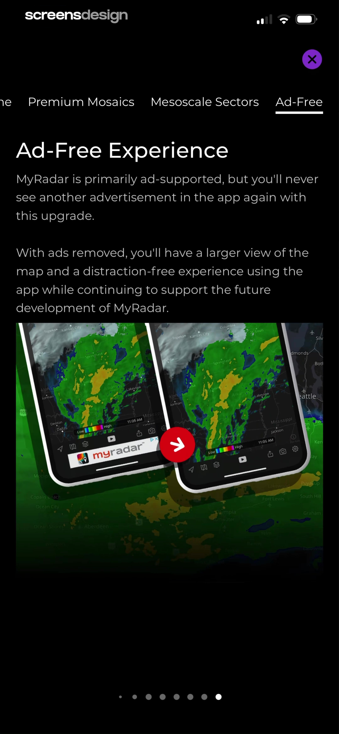 MyRadar Accurate Weather Radar mobile app screen showing Premium Mosaics and Mesoscale Sectors