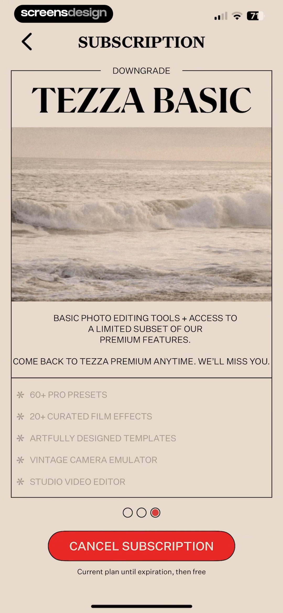 Tezza: Aesthetic Photo Editor screen showing the downgrade state names Tezza Basic and lists the premium presets, effects, templates, and tools that will disappear.