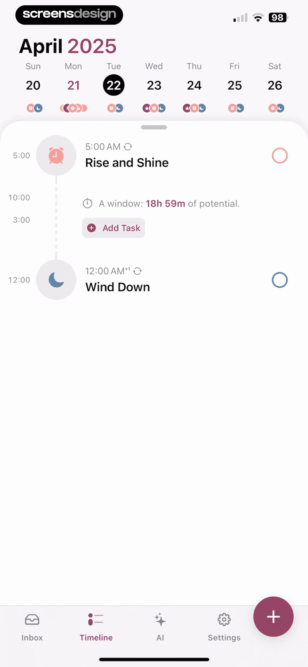 Structured daily planner showing a sparse timeline with two scheduled moments and open time