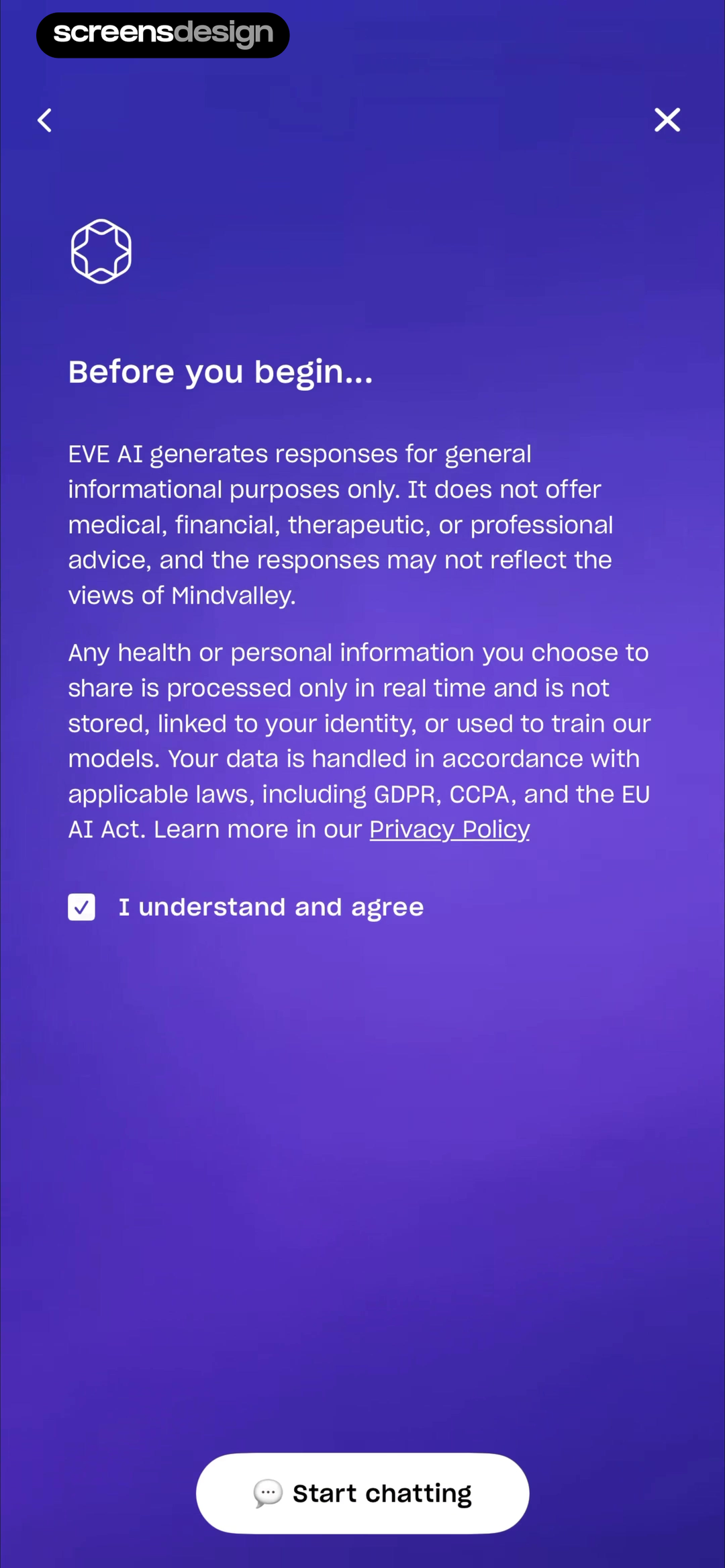 Mindvalley Eve AI pre-chat notice covering professional limits and personal information handling