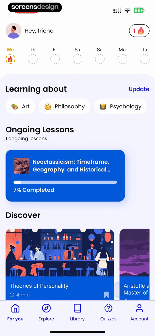 Mindsnap screen showing one ongoing lesson at seven percent remains visible beside interests and discovery