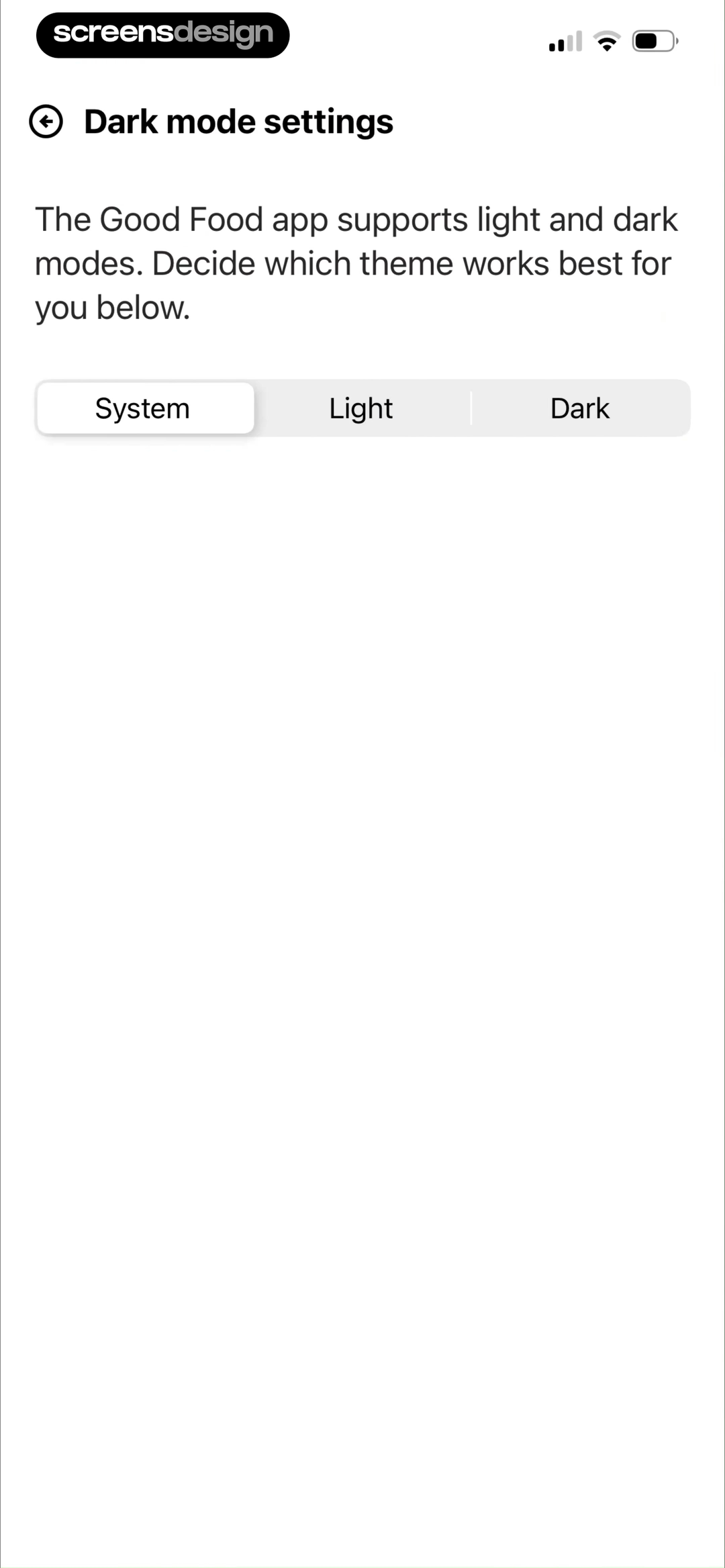 Good Food Dark mode settings in light appearance with System, Light, and Dark options