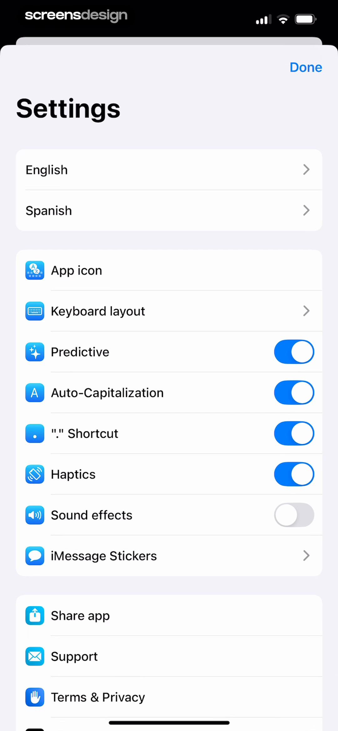 Translator Keyboard iOS settings sheet using grouped rows, toggles, chevrons, icons, and a Done action
