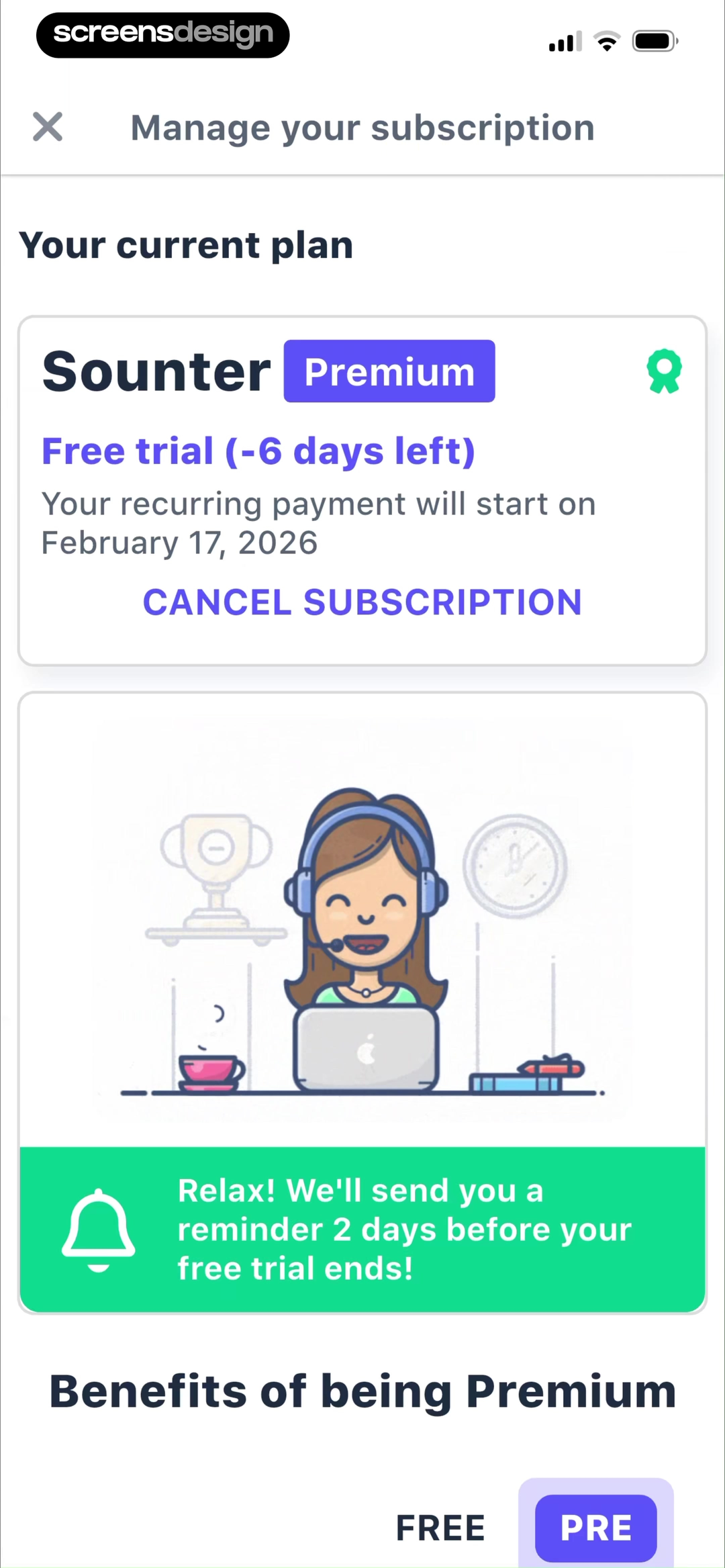 Language Reactor screen showing trial days, recurring-payment date, reminder timing, and tier benefits share one surface