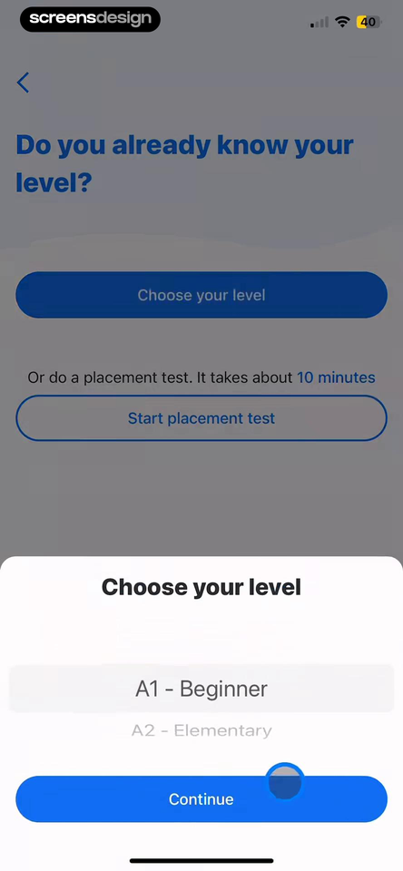 Busuu onboarding offering level selection or a placement test