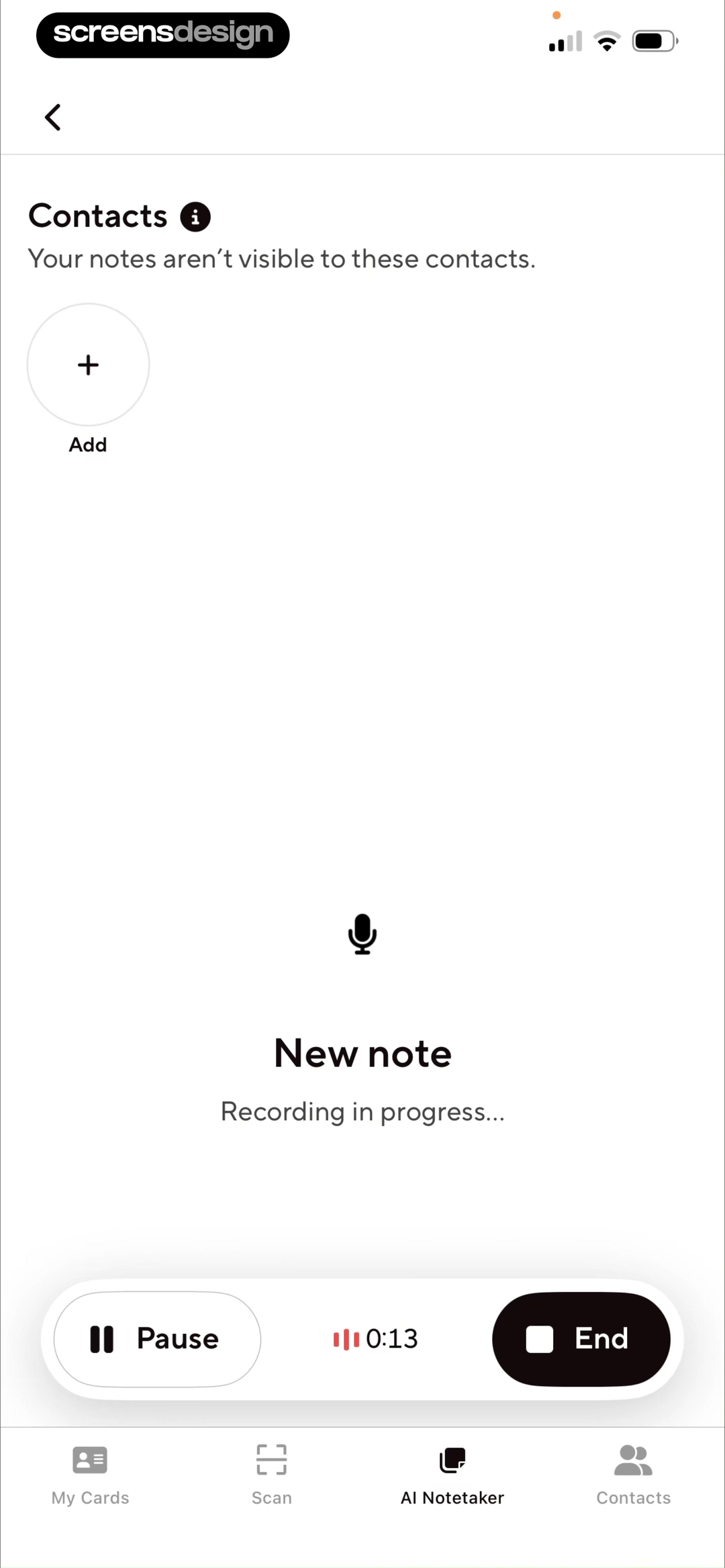 Blinq AI note recording in progress with pause and end controls