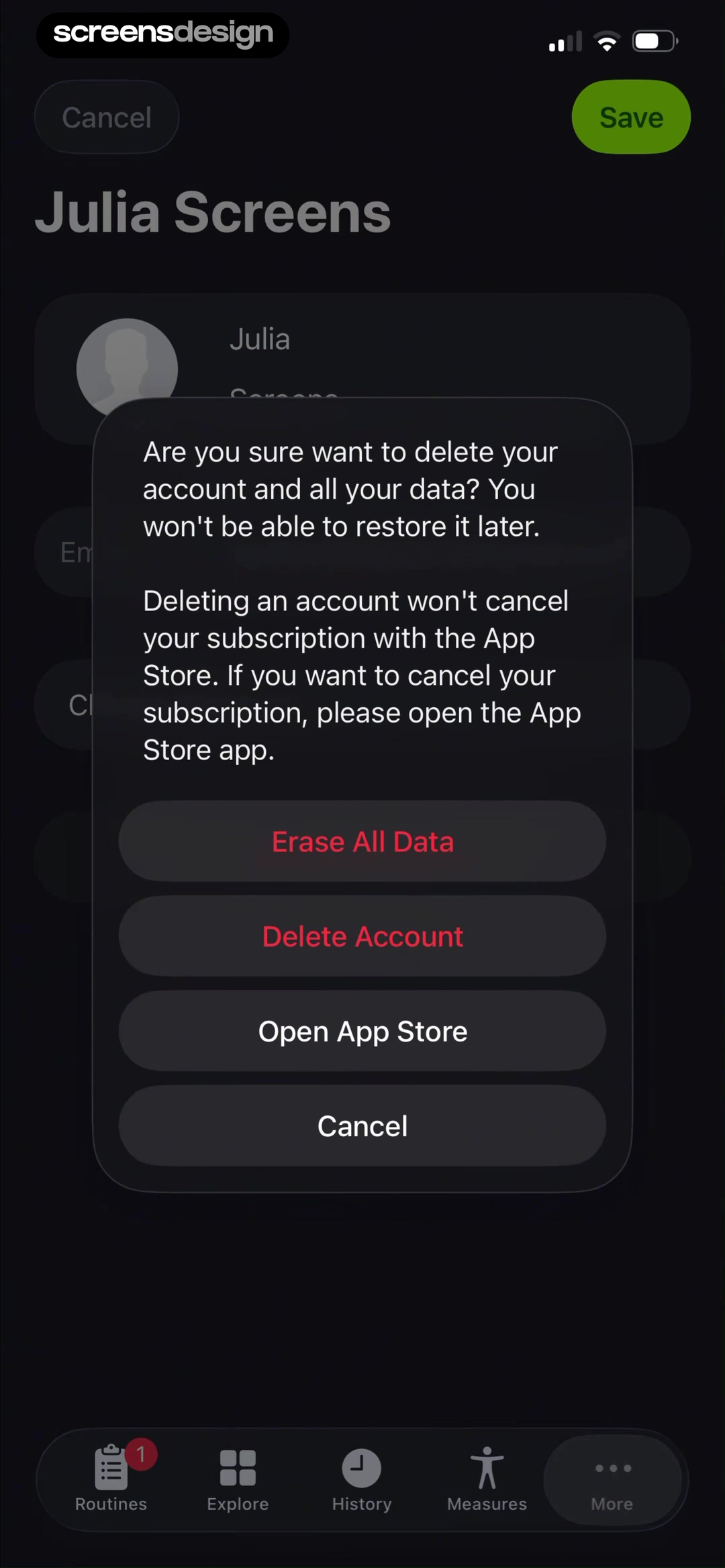 SmartGym screen showing the flow separates Erase All Data, Delete Account, and the external App Store subscription route