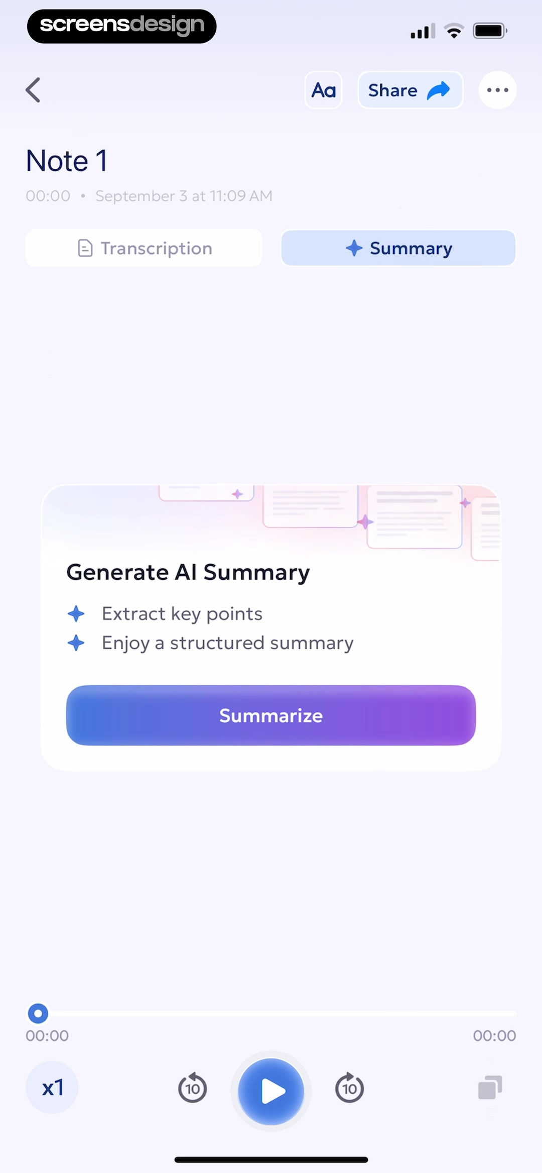 AI Summary note editor with transcription summary and summarize action