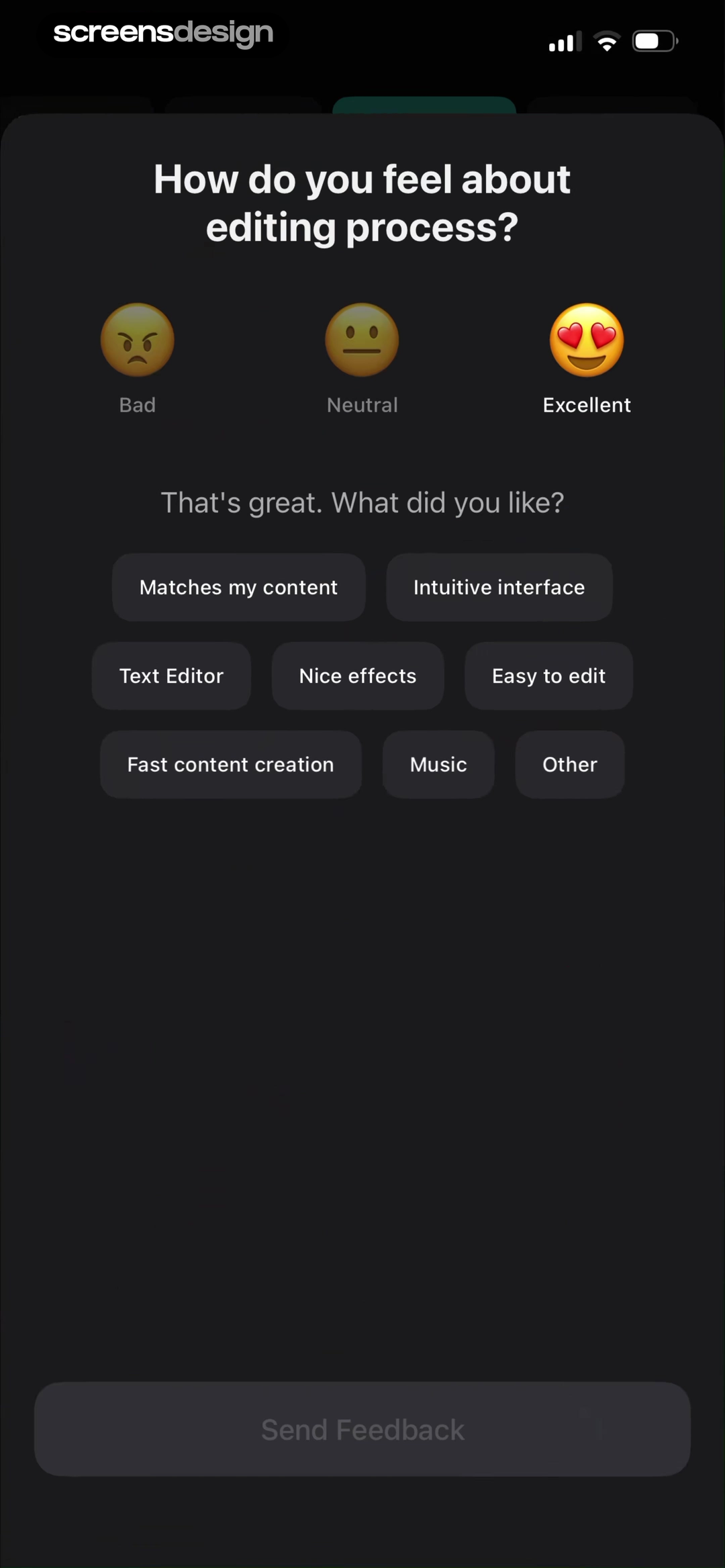 Vids AI - Reels Video Editor screen showing the editing-process rating branches into selectable reasons such as content match, interface, and text editing.