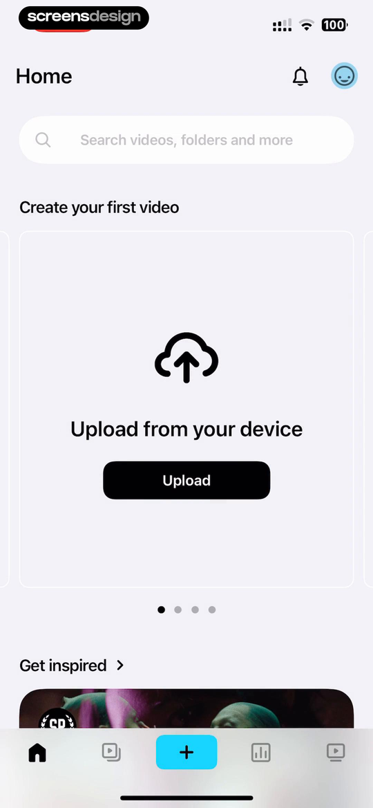 Vimeo empty home screen with Create your first video, Upload from your device, and an Upload button