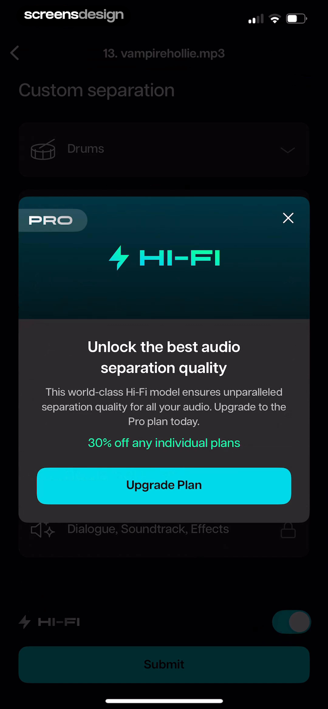 Moises screen showing the selected Hi-Fi separation remains visible while the app explains the Pro quality upgrade