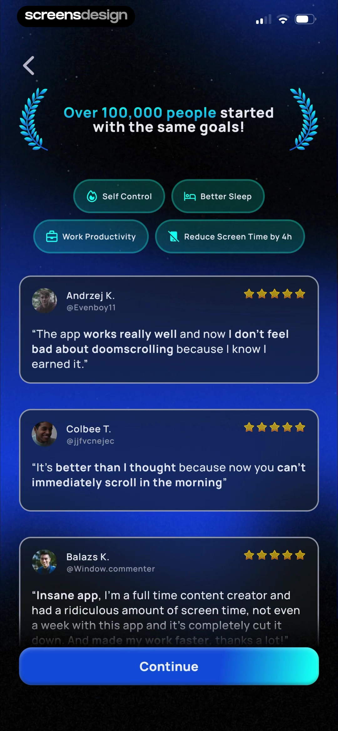 Pushscroll onboarding screen grouping testimonials by screen-time goals