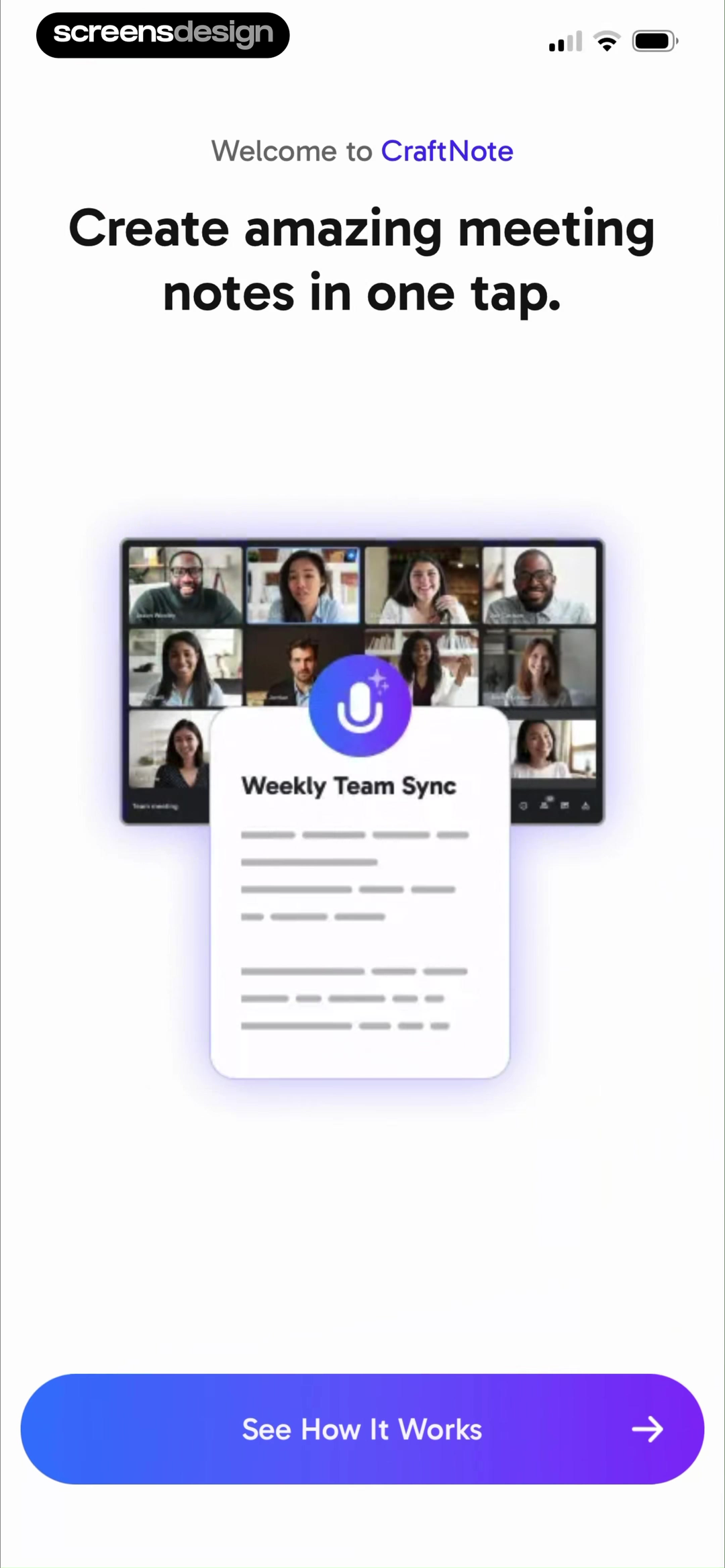 CraftNote onboarding screen previewing a Weekly Team Sync meeting note