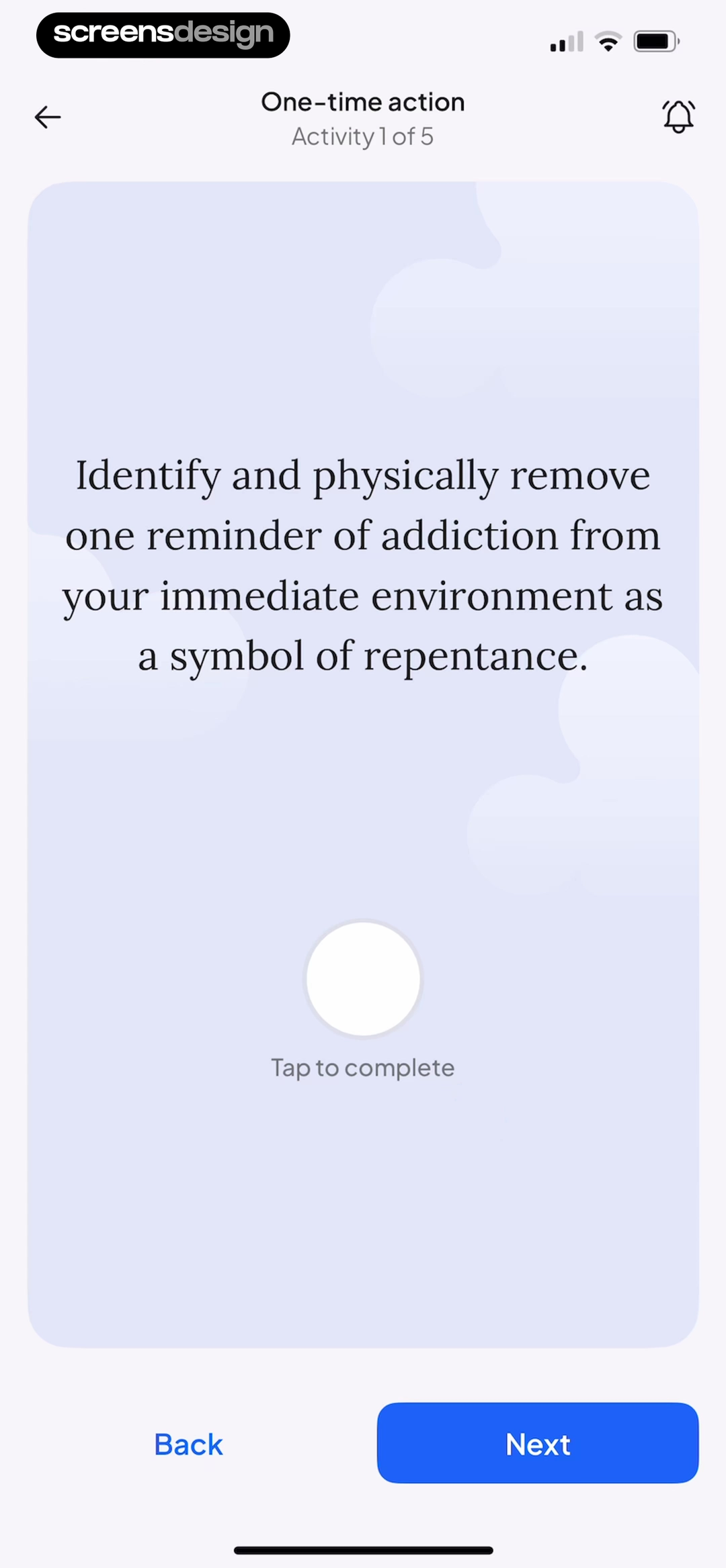 Duomo one-time activity screen with a long instruction, Tap to complete control, progress, Back, and Next