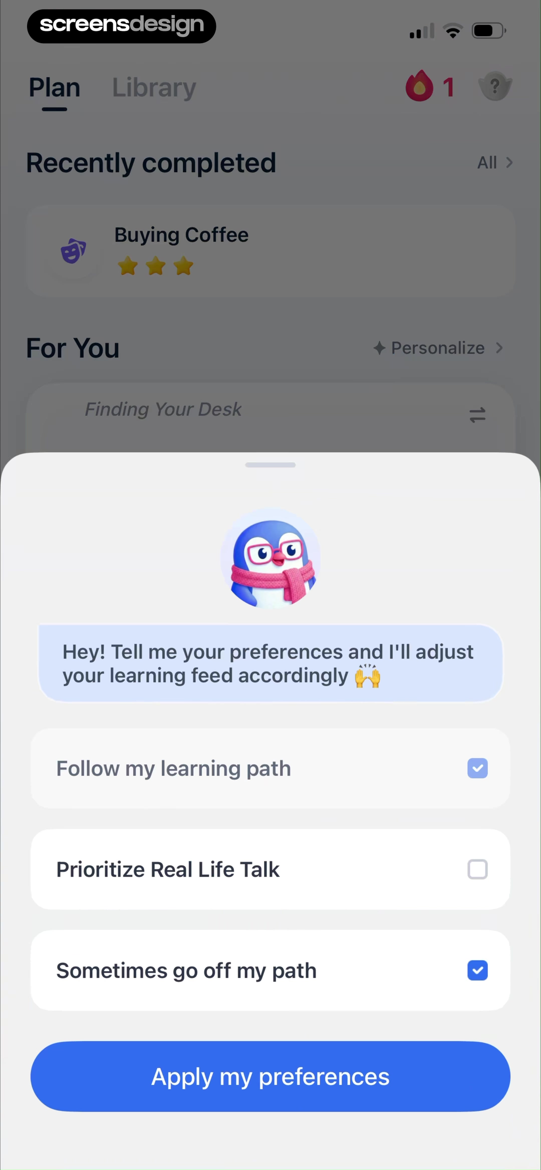TalkMe home dashboard personalization dialog with learning feed preferences