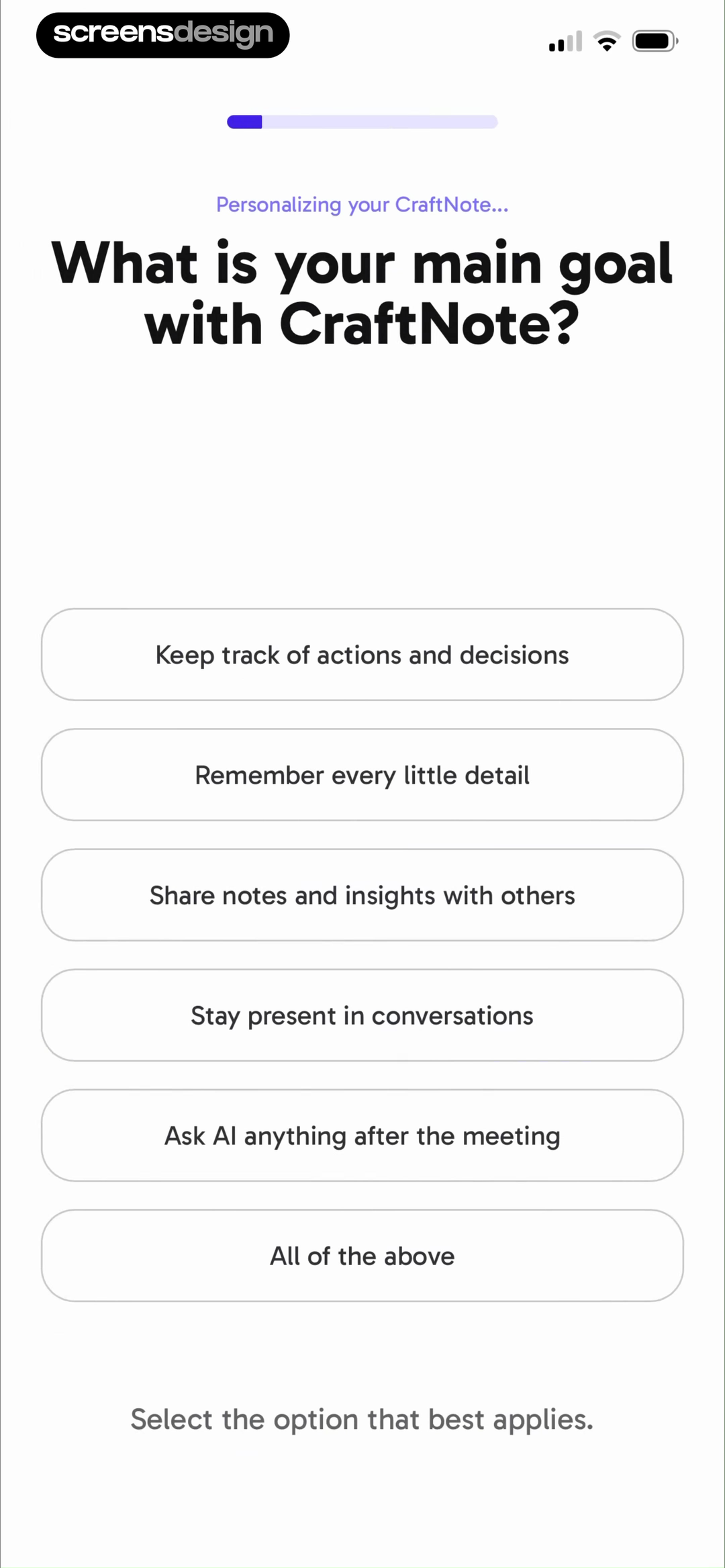 CraftNote onboarding question about the user's main goal for meeting notes