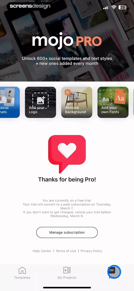 Mojo: AI Video & Reels Editor mobile app screen showing mojo PRO and Unlock 600+ social templates and text styles