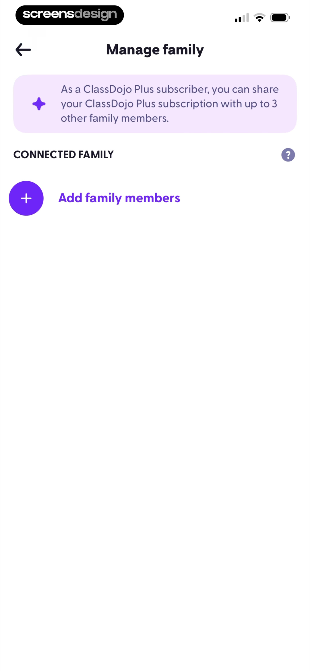 ClassDojo mobile app screen showing Manage family and CONNECTED FAMILY