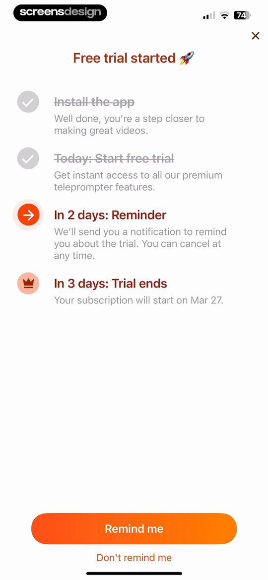 Teleprompter for Video screen showing the timeline covers start, two-day reminder, three-day trial end, and the subscription start date