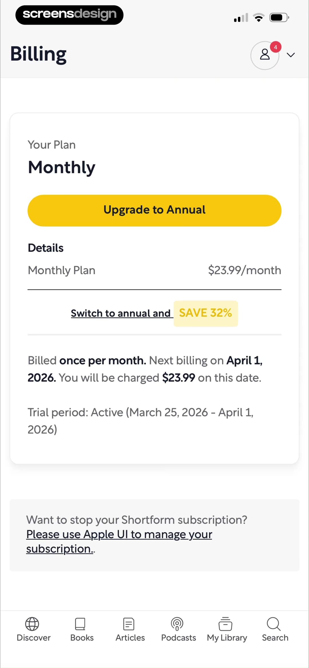 Shortform Daily Book Summaries screen showing the current monthly price, next billing date, and annual saving appear in one billing view