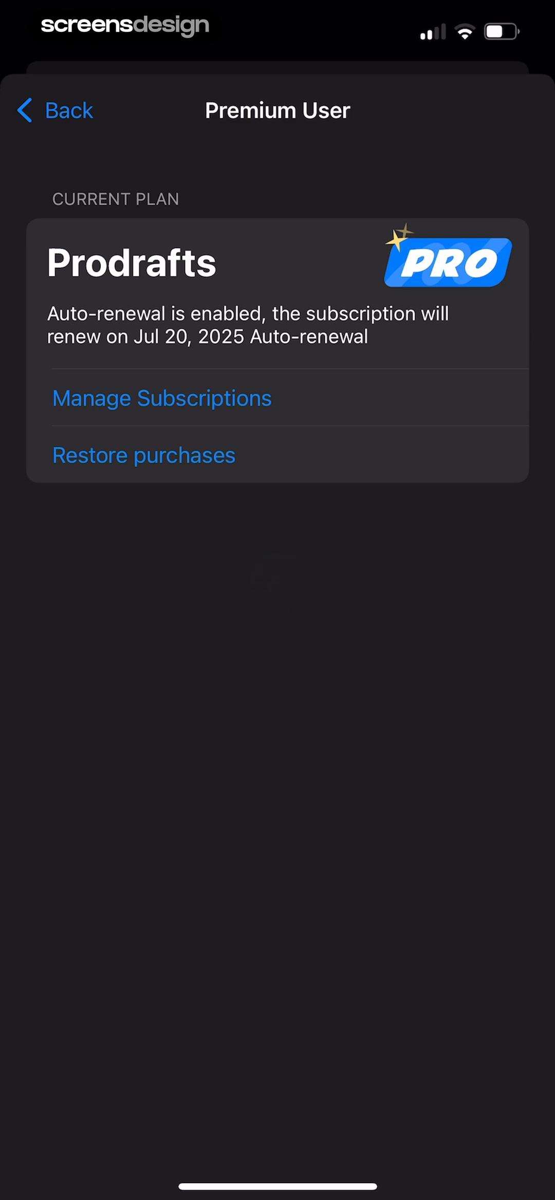 Prodrafts - Infinite Notes mobile app screen showing Premium User and CURRENT PLAN