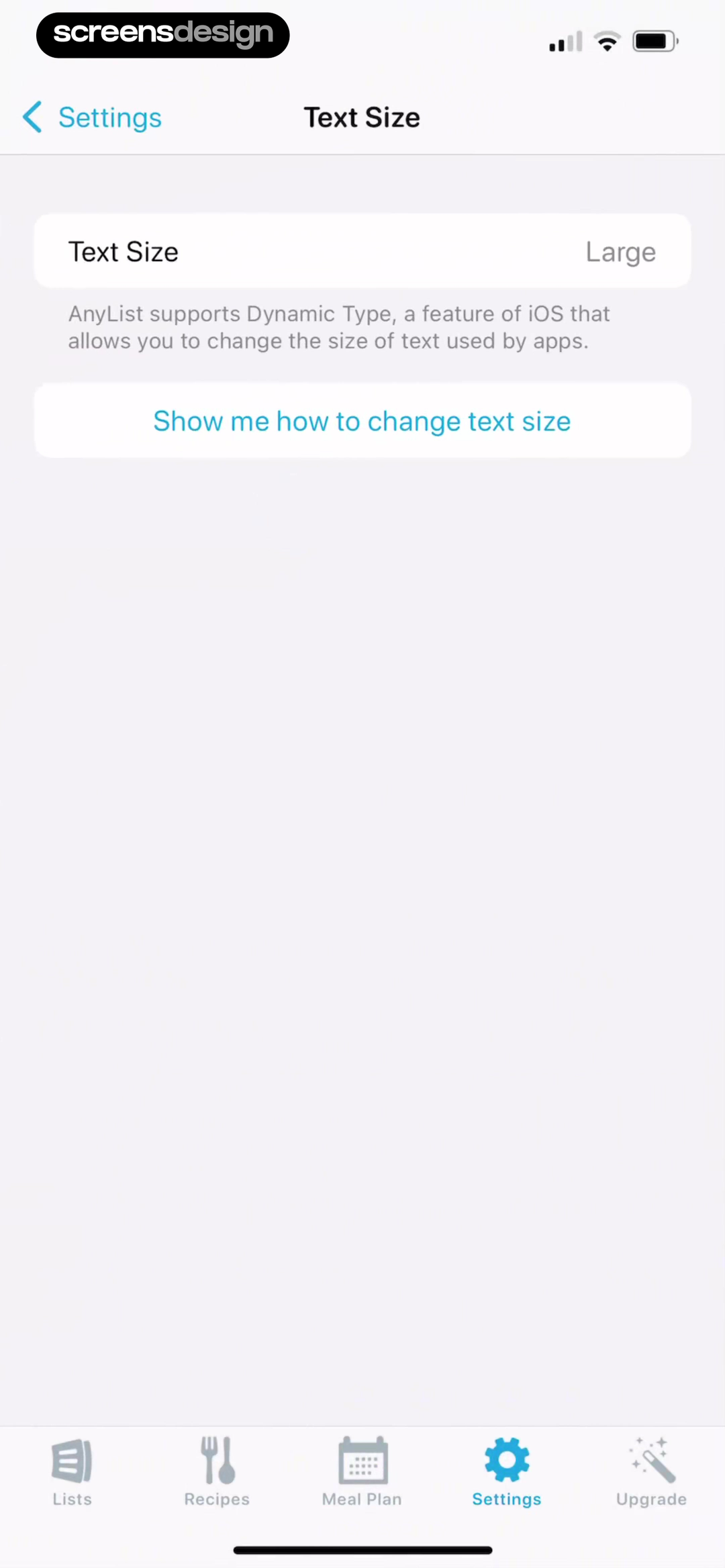 AnyList Text Size settings screen explaining support for iOS Dynamic Type and showing the current Large size