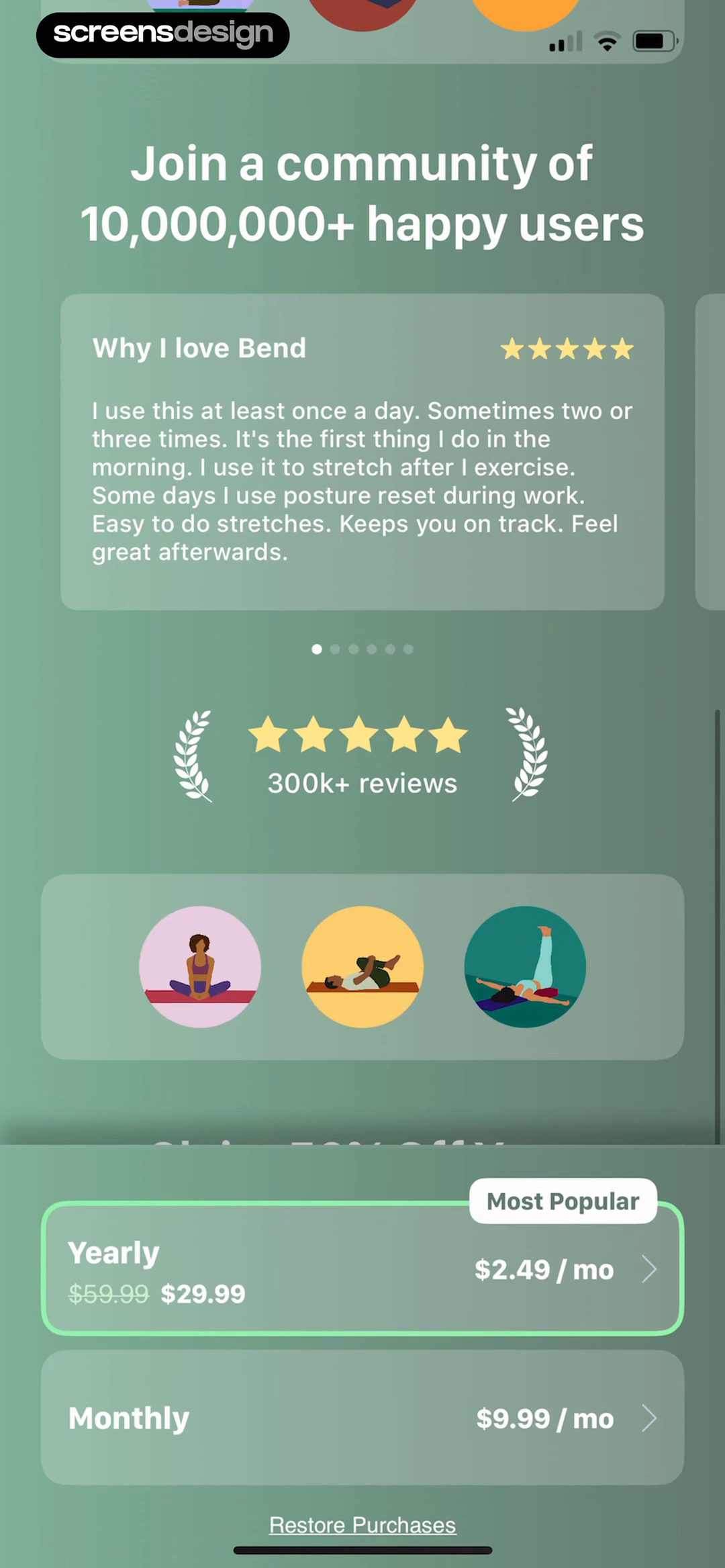 Bend standard subscription paywall with yearly and monthly plans, customer review, and restore purchases link