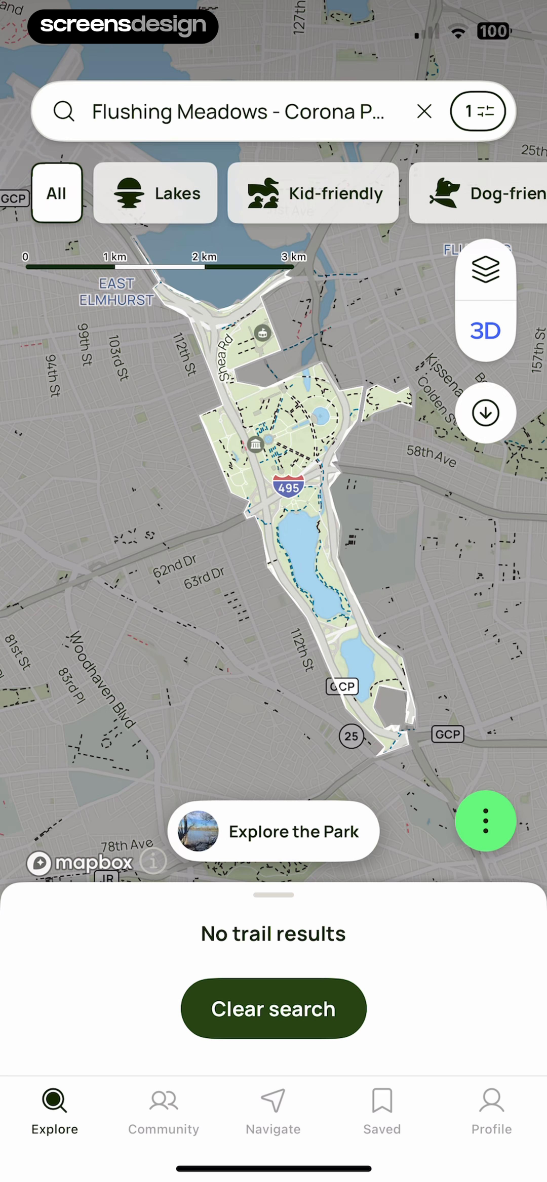 AllTrails map search with active categories and no trail results