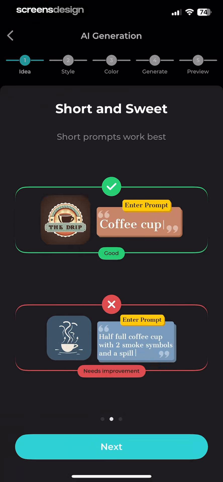AI Logo Maker prompt lesson comparing Coffee cup with a longer logo description