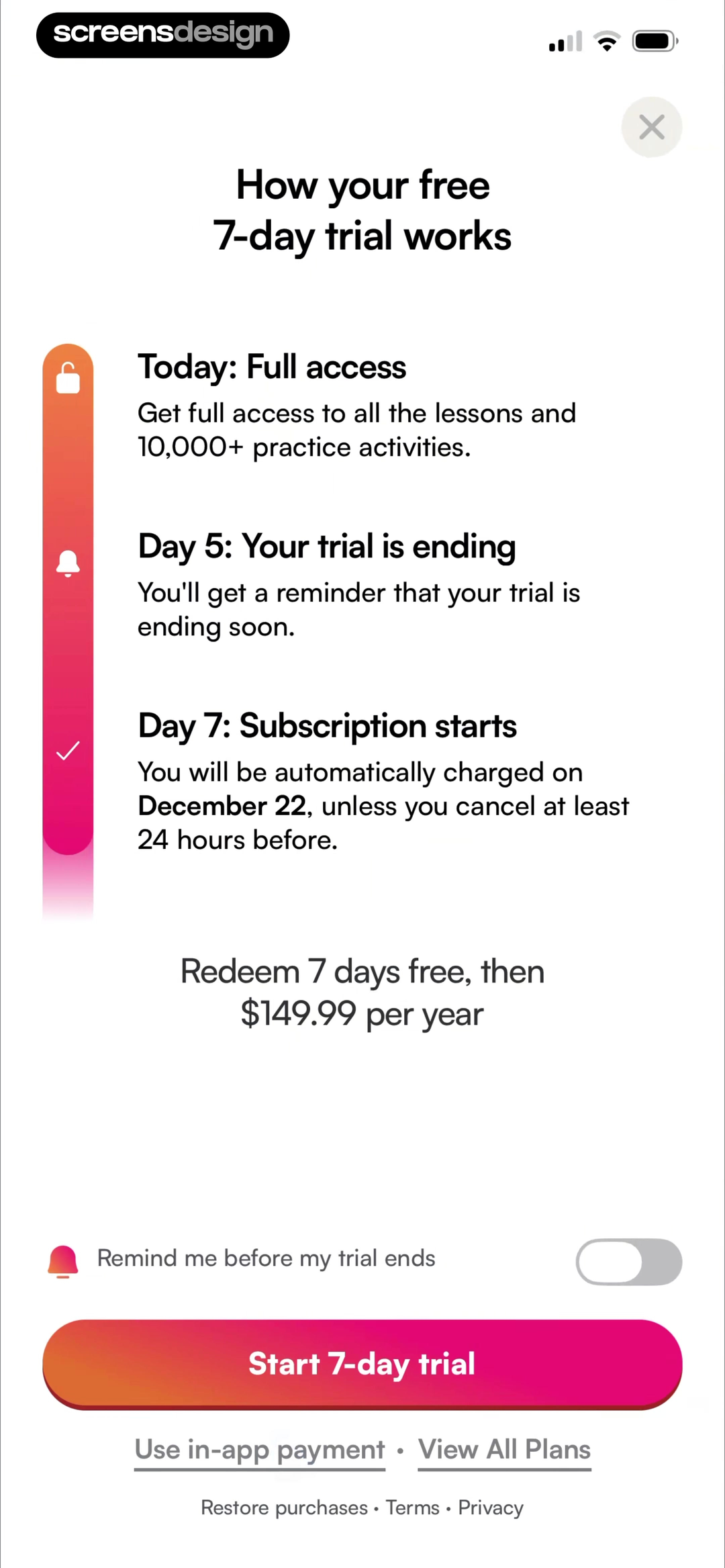 BoldVoice screen showing the offer combines lesson scope, reminder timing, annual price, charge date, and cancellation cutoff