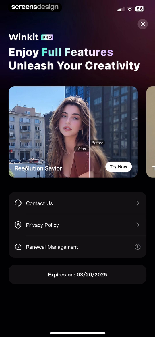 Winkit - AI Video Enhancer mobile app screen showing Winkit PRO and Enjoy Full Features