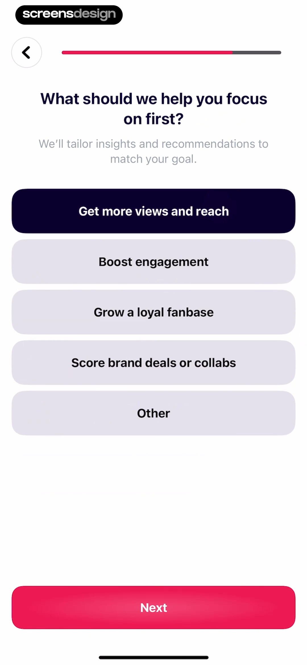 Go Viral onboarding screen asking which creator goal to focus on first