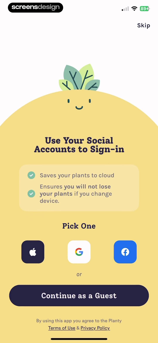 Planty sign-in screen explaining cloud backup and offering guest access