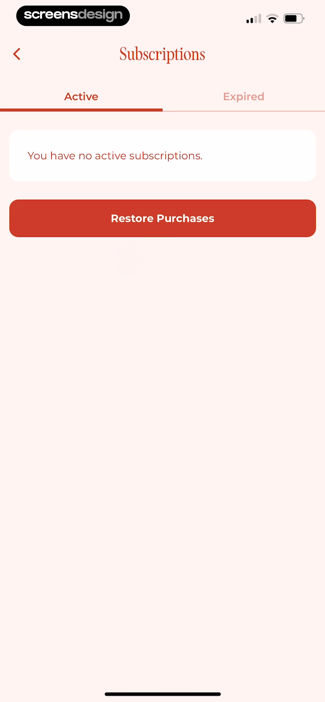 WeGLOW: Home Workout for Women screen showing no active subscriptions does not block recovery; Restore Purchases remains visible under Active and Expired tabs.
