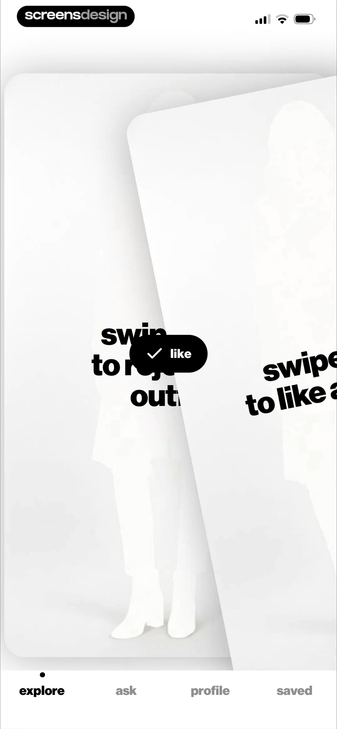 looklike tutorial card stack showing like feedback after a right-swipe instruction