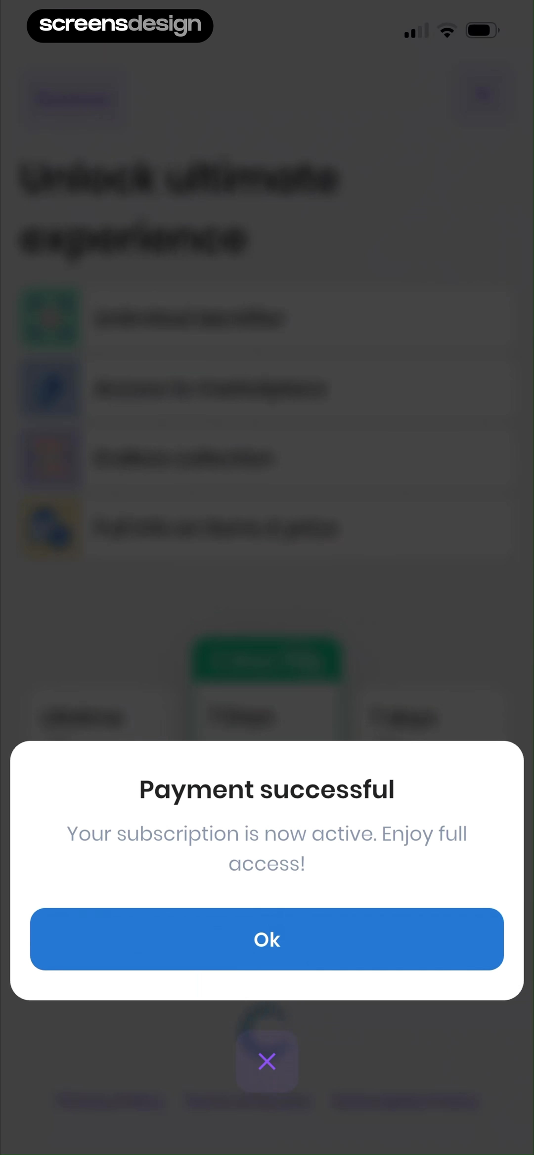 RockIn Rock & Mineral identify mobile app screen showing Payment successful and Your subscription is now active. Enjoy full access!