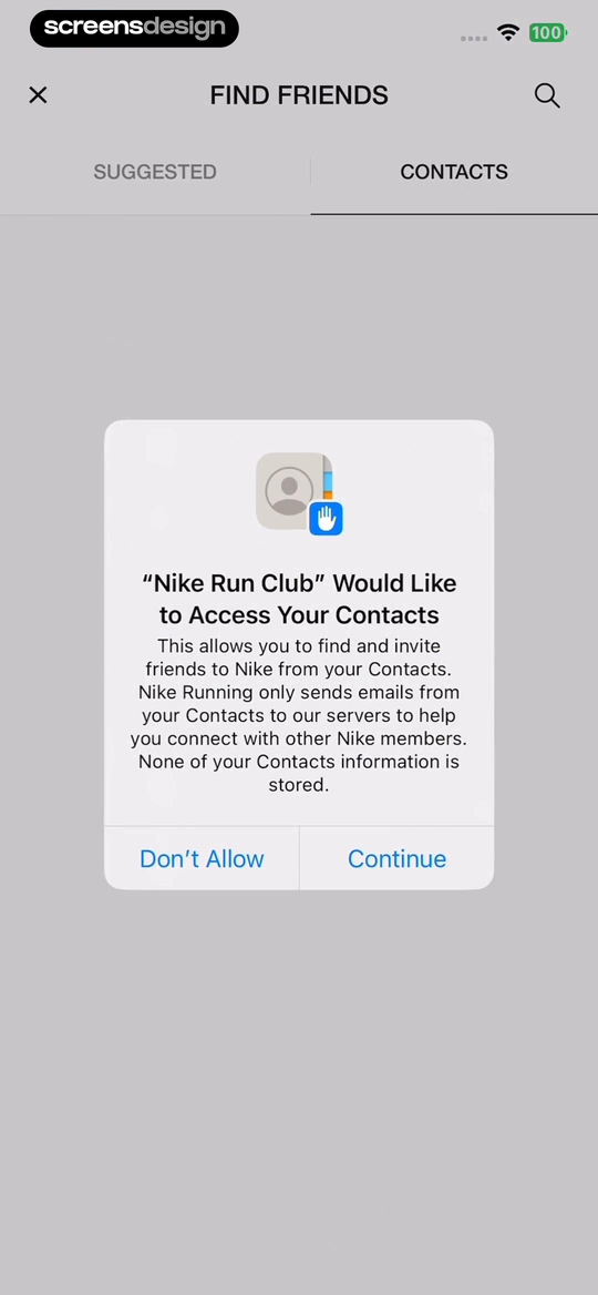 Nike Run Club contact permission dialog explaining friend matching and contact data handling