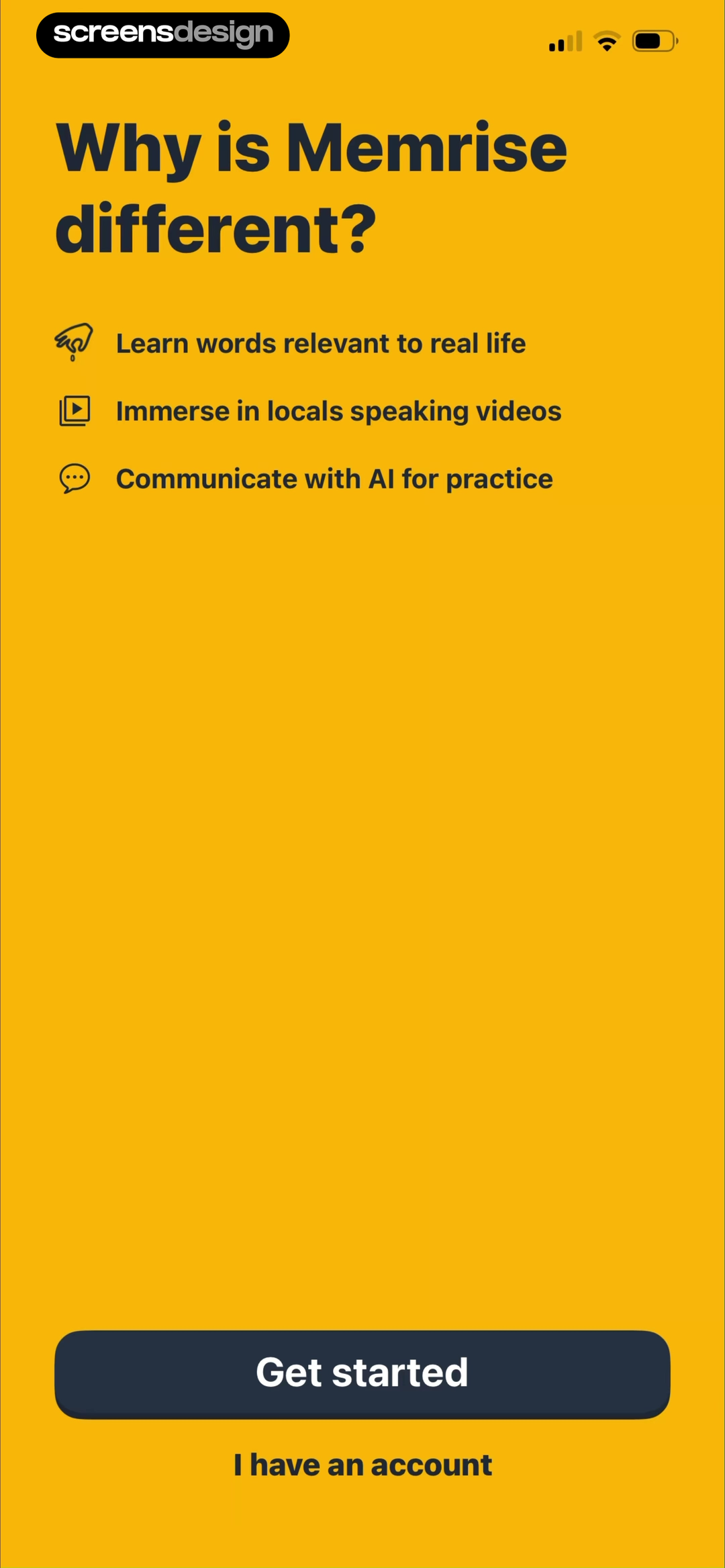 Memrise onboarding screen explaining three product differences