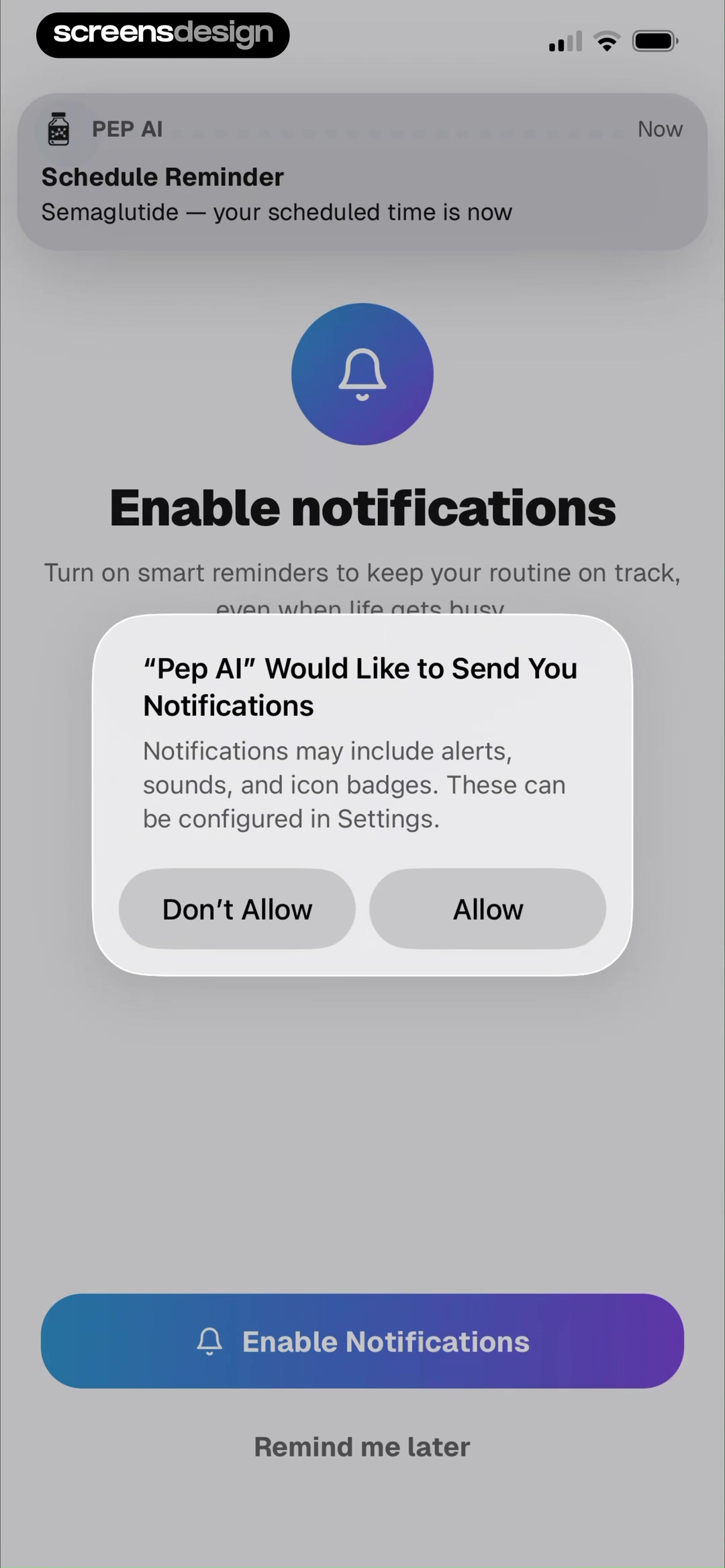 Pep AI screen showing a scheduled medication alert is previewed before smart-reminder copy and the system dialog