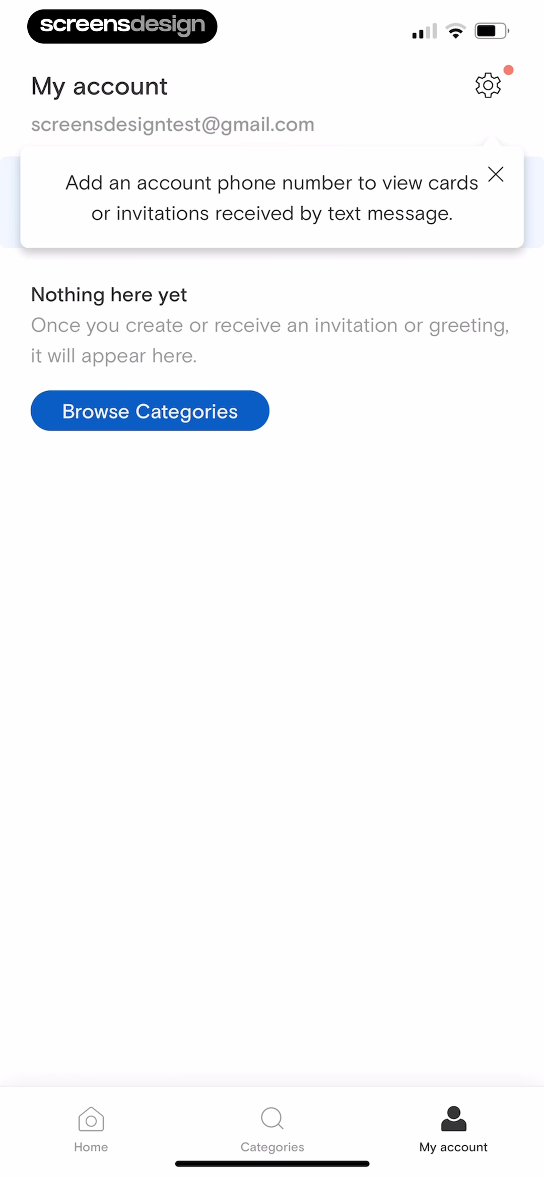 Paperless Post My account empty state explaining what will appear and offering Browse Categories