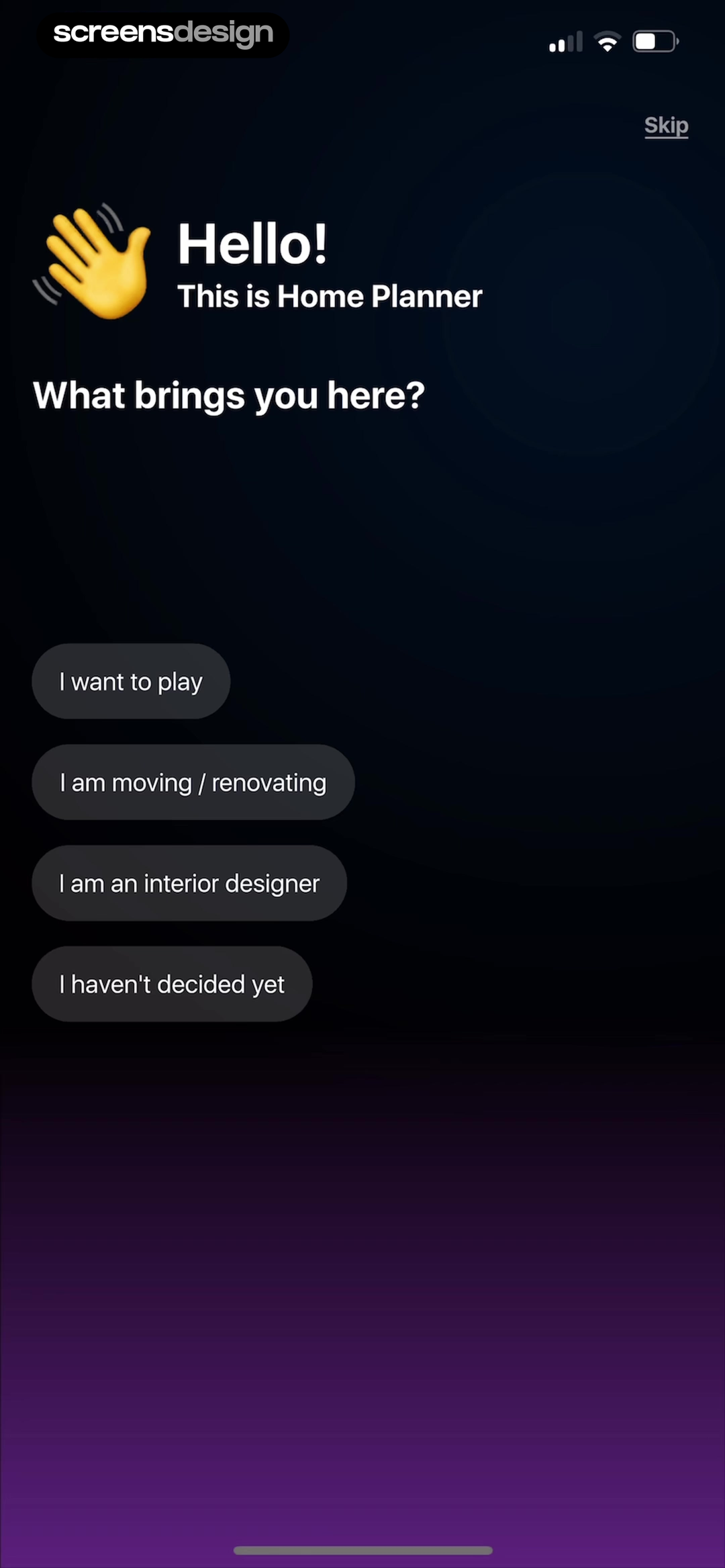 Home Planner onboarding intent question with undecided and Skip options