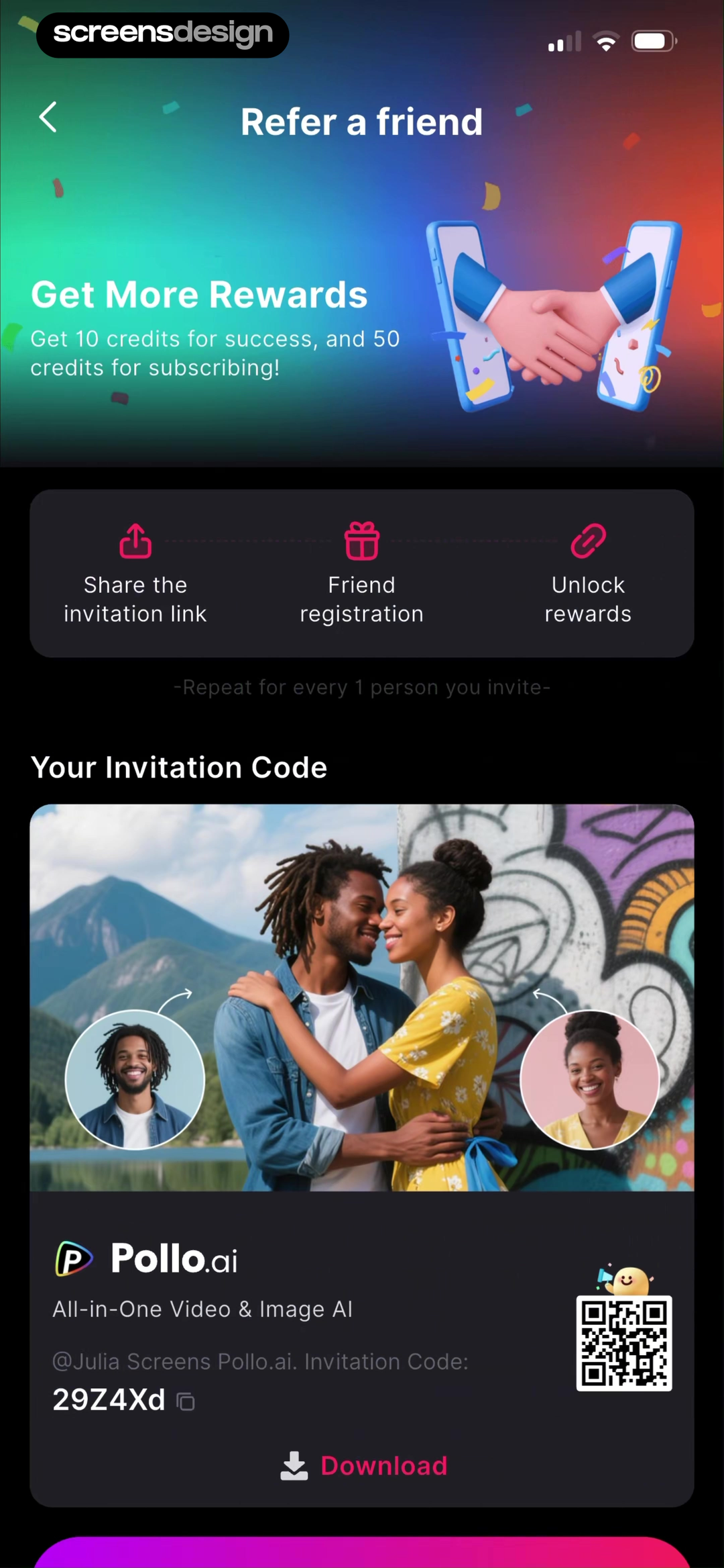 Pollo AI screen showing share, registration, repeatable rewards, and invitation code are shown as one process