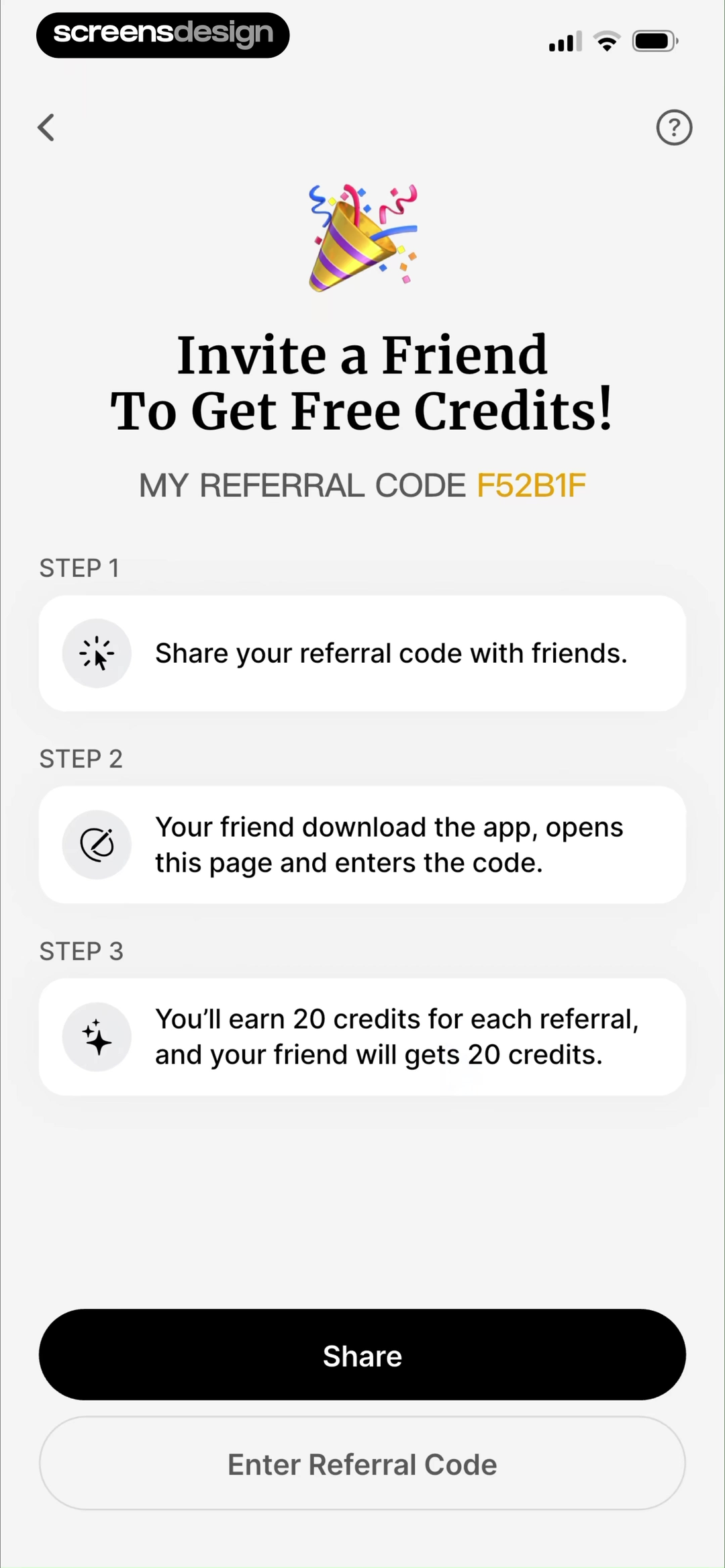 HyNote screen showing three numbered steps explain code sharing, friend entry, and the twenty-credit reward for both