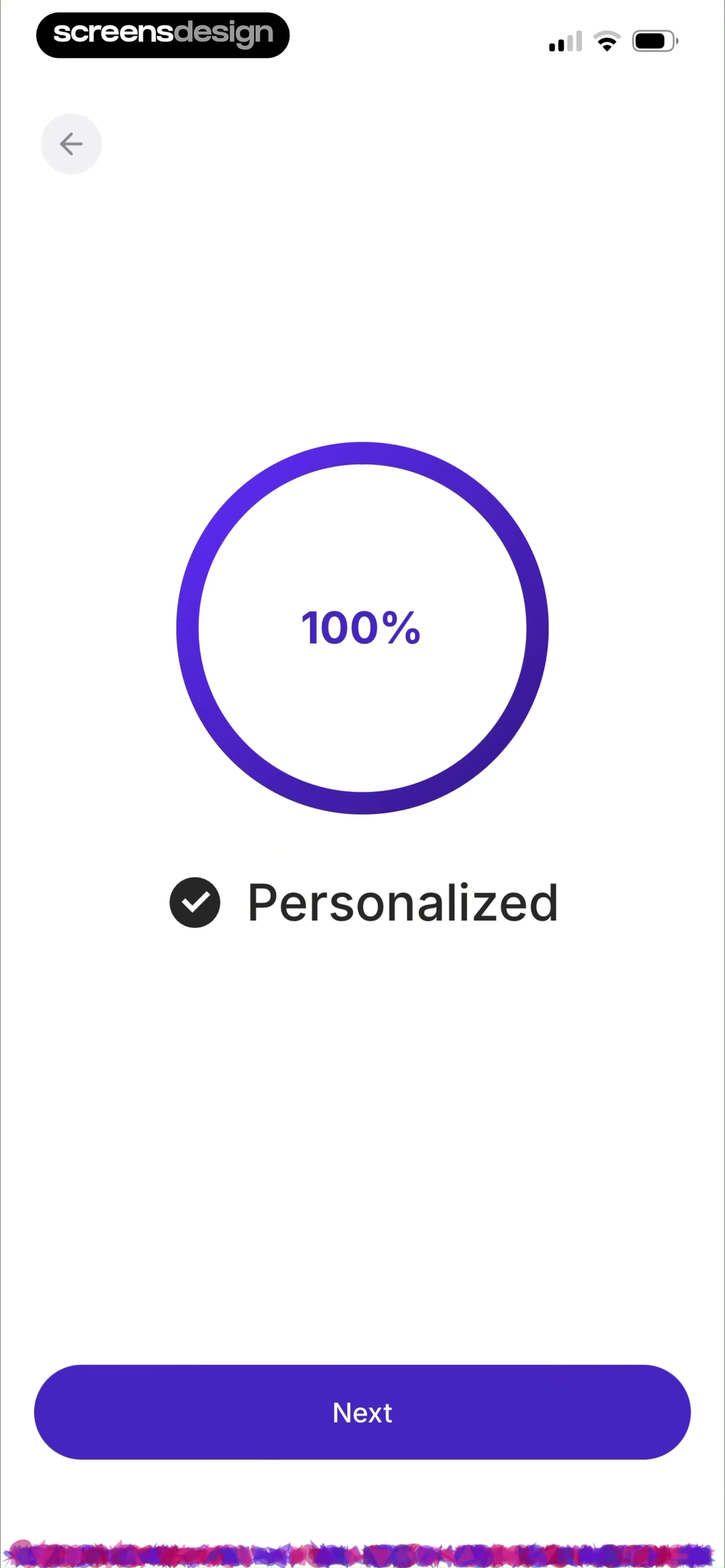 Retain Cards stable 100 percent Personalized completion state with a Next button