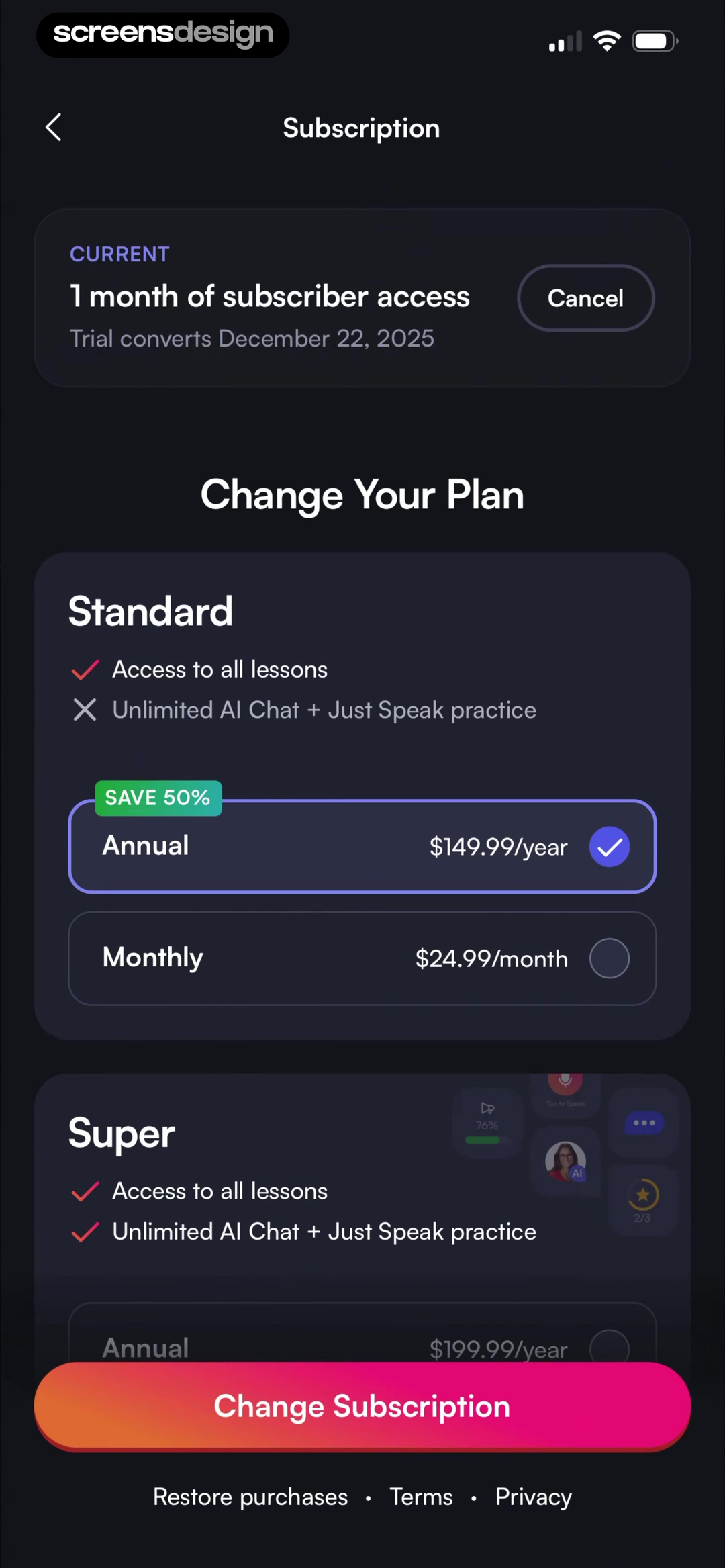 BoldVoice: Accent Training screen showing current access, conversion date, cancellation, and alternative Standard and Annual plans share one management view.