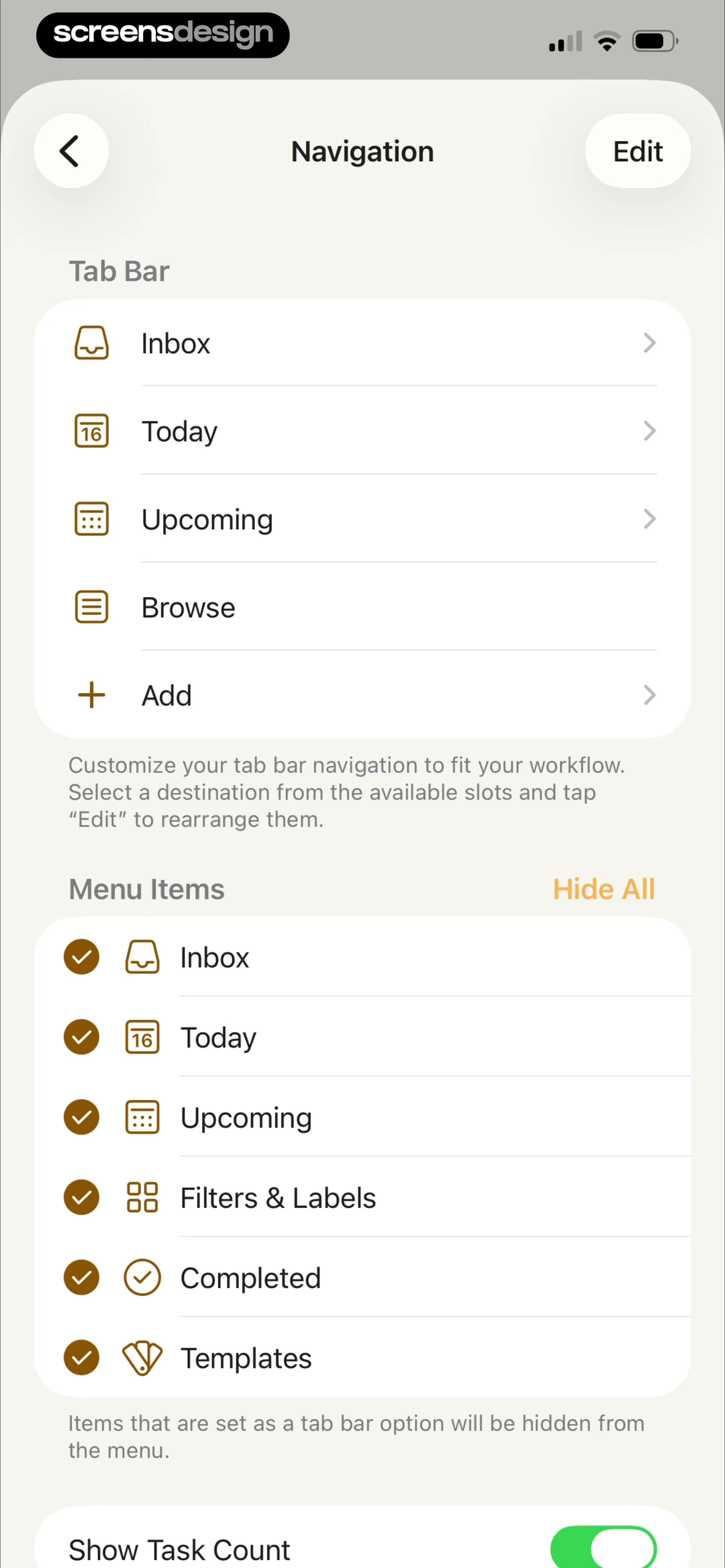Todoist iOS navigation settings showing tab bar destinations, menu items, checkmarks, and a task-count switch