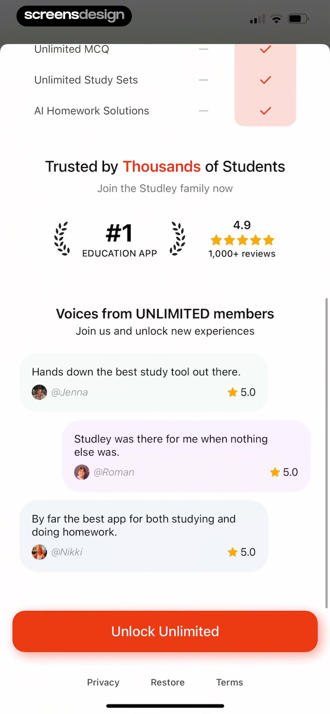 Studley AI paywall with unlimited study features, education app rating, testimonials, and upgrade button