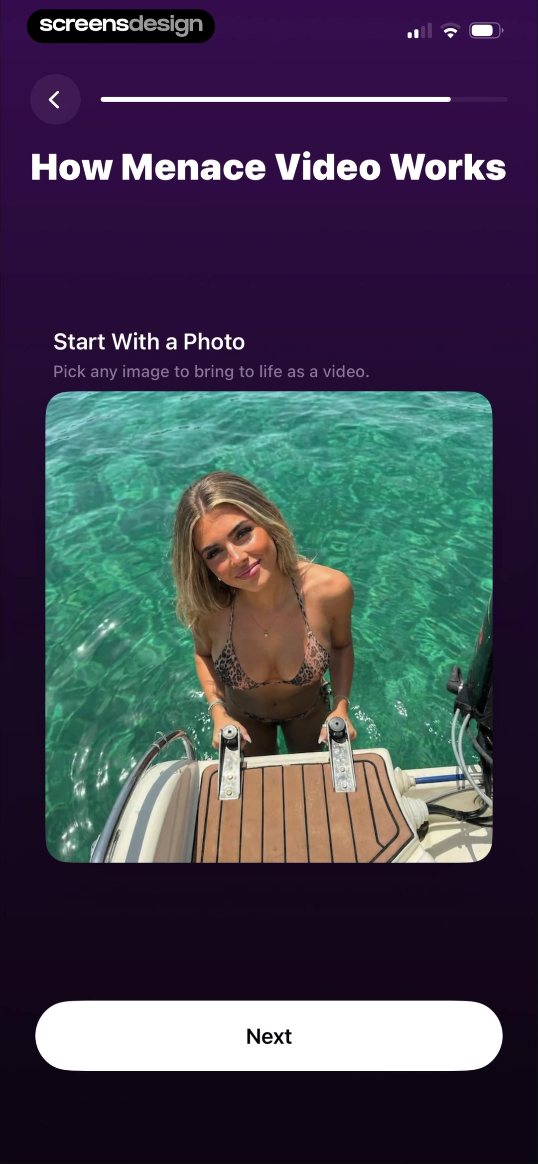 Menace AI video onboarding asking the user to start with a photo